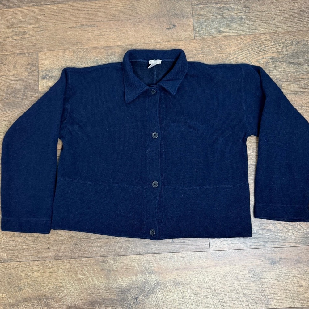 J.Crew Lambswool Sweater Jacket Womens L Navy Knit Blazer Button Front Collared
